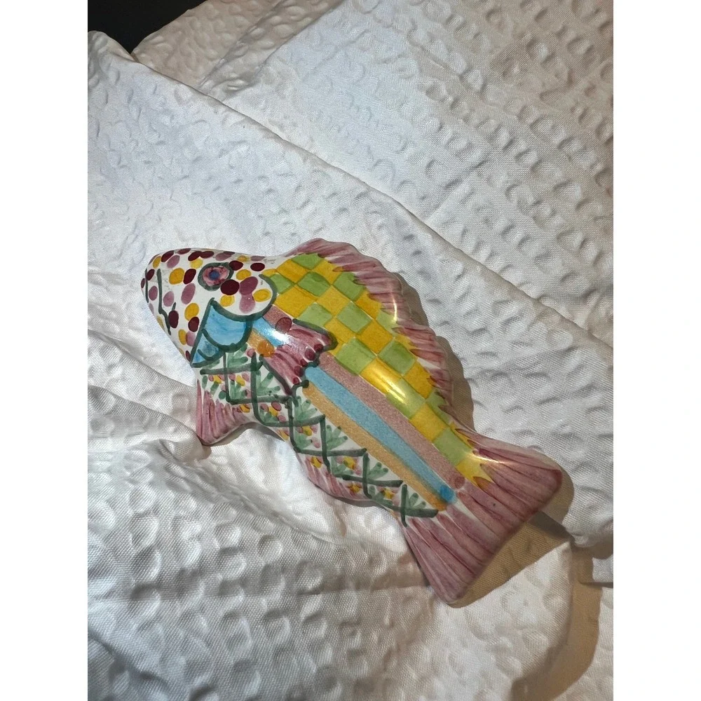 MacKenzie-Childs Ceramic Fish Knob 5in Colorful‎ Checker Pink Pull Handle